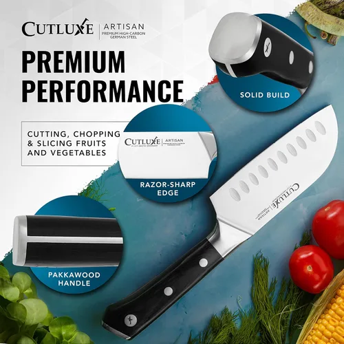 Miniatura 8 de Cutluxe Santoku – Cuchillo de 5" de cocina, cuchillo para carne y verduras – Acero alemán forjado de alto carbono – Espiga completa y afilado como