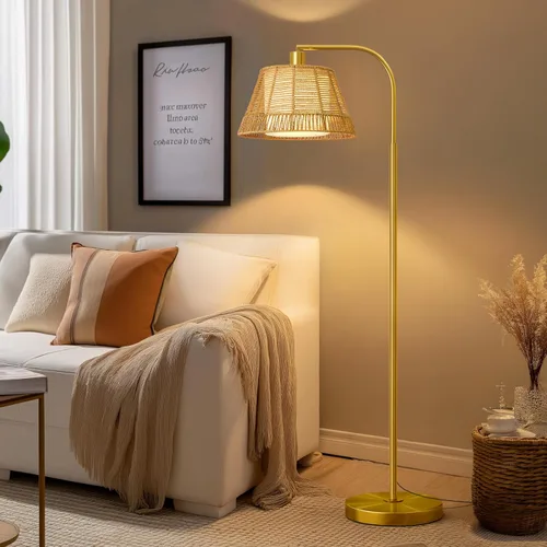 Miniatura 24 de Oneach Lámpara de pie arqueada para sala de estar, lámpara de pie de ratán boho con pantalla tejida a mano, interruptor a pedal, base y poste de Oro