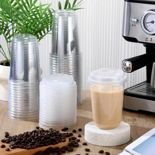 Miniatura 2 de Baderke 50 juegos de vasos de plástico transparente de 16 onzas con tapas, tazas de café helado resistentes con tapas, vasos de plástico desechables
