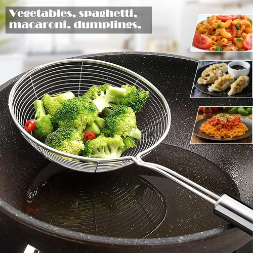 Miniatura 5 de Colador de araña de acero inoxidable, cuchara de alambre con mango largo/malla en espiral para cocina, cocina y freír alimentos (5.3 pulgadas)