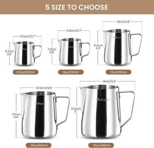 Miniatura 2 de Jarra para Espumar Leche, Dailyart 350ml/12oz Jarra para Espumar Leche de Acero Inoxidable 304 con Escala, Accesorios para Máquina de Espresso