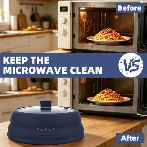 Miniatura 4 de Tapa protectora contra salpicaduras de microondas con protector de vidrio y silicona plegable para platos y ollas de 9.8 pulgadas, color azul oscuro