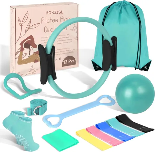 Miniatura 11 de Kit esencial de anillo de pilates para mujer, equipo de entrenamiento en casa con pelota de 9.8 pulgadas, bandas de resistencia, círculo mágico, Azul