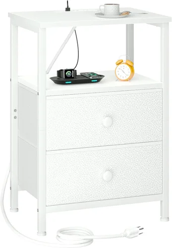 Miniatura 13 de LOAKEKEL Mesita de noche, mesita de noche con estación de carga, mesa auxiliar con almacenamiento 2 cajones de tela para dormitorio, mesa auxiliar