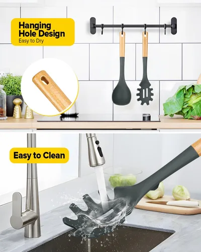 Miniatura 6 de Juego de cucharón de sopa de silicona y cuchara de espagueti con mango de madera, utensilios de cocina antiadherentes resistentes al calor para Gris