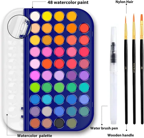 Miniatura 3 de GETHPEN Juego de pintura de acuarela, 48 colores, pintura de acuarela no tóxica con un pincel, recargable, bolígrafo y paleta de pincel de agua, Azul