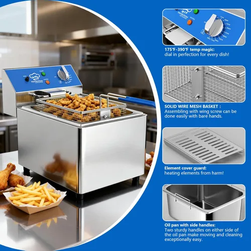 Miniatura 5 de TOPKITCH Freidora Eléctrica Profunda de 6L con Envase de Aceite Extraíble y Asa, Cesta de Malla de Alambre Sólido y Tapa, Freidoras Comerciales