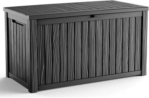 Miniatura 7 de Caja de cubierta para exteriores de 120 galones, cajas de almacenamiento impermeables con cerradura para herramientas de jardín, cojines de Gris