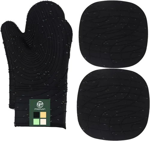 Miniatura 14 de Juego de 4 guantes para horno y soportes para ollas, resistentes al calor, 500 grados, extra gruesos, largos, de algodón, para cocina