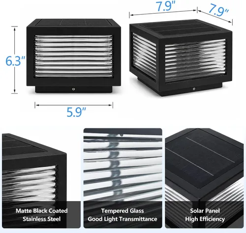 Miniatura 6 de Luz solar para exteriores, 7.9 pulgadas, acero inoxidable IP65, impermeable, lámpara de poste cuadrada, regulable, lámpara de columna de paisaje [M]
