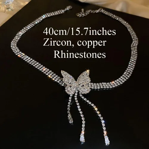 Miniatura 5 de Missgrace Gargantilla de mariposa con diamantes de imitación plateados, collares de cadena de plata con diamantes de imitación, collar de barra
