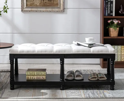 Miniatura 3 de Kmax Banco de almacenamiento para entrada con zapatero acolchado, banco de calzado de madera negra para ventana, banco para entrada de pasillo, Gris