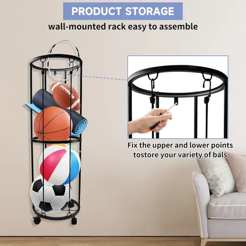 Miniatura 6 de Qivine Soportes de baloncesto de garaje para pelotas, organizador de equipo deportivo rodante con ruedas, 40 x 13.2 pulgadas, almacenamiento