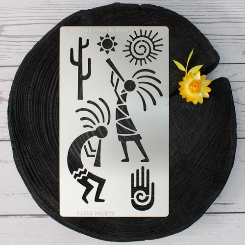 Miniatura 5 de Aleks Melnyk No.434 Plantilla de metal, deidad de fertilidad Kokopelli, diseños de petroglifos, plantilla pequeña, 1 unidad, plantilla para leña