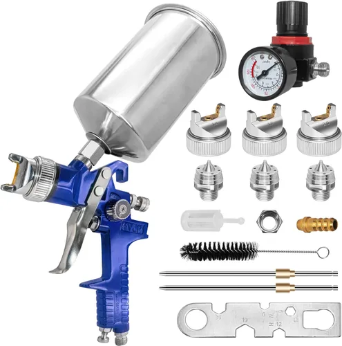 Kit de pistola de pintura automática: pistola de pulverización de alimentación por gravedad HVLP con boquillas de 0.055 in, 0.067 in y 0.079 in, Azul