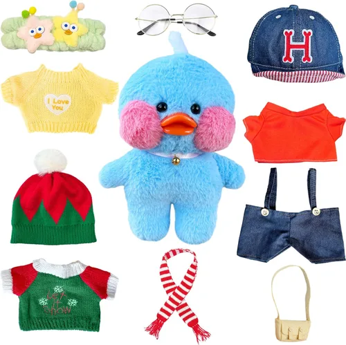 Peluche de pato azul con 10 trajes, lindo animal de peluche con ropa y accesorios, regalos divertidos para niños y niñas (azul)