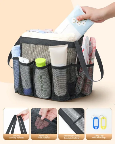 Miniatura 4 de Temede Cesta de ducha de malla, cesta grande de ducha, portátil, bolsa de aseo colgante de secado rápido, organizador de baño con asa y 8 bolsillos