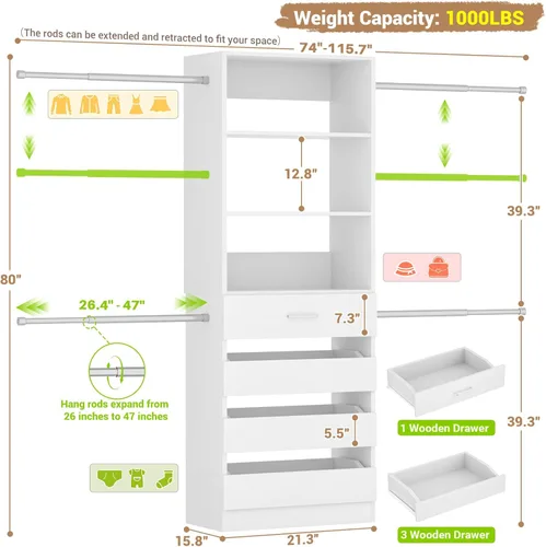 Miniatura 7 de Aheaplus - Sistema de armario, 4 a 9 pies, organizador de armario con 4 cajones de madera, sistema de organizador de armario de madera con torre