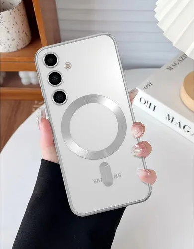 Miniatura 17 de Funda magnética para Samsung Galaxy S23, borde galvanizado, parte trasera transparente, funda protectora delgada con protección de cámara, Rosa
