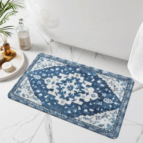 Miniatura 21 de Uphome Alfombra de baño vintage, azul, bohemio, antideslizante, oriental, suave, lavable a máquina, lindas alfombras de baño tribales florales