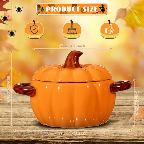 Miniatura 2 de Uiifan 2 cuencos de calabaza de cerámica para cocinar Acción de Gracias, cacerola de 17 onzas, plato de sopa naranja, lindo recipiente seguro