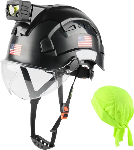 Miniatura 11 de GREEN DEVIL Casco de seguridad con luz recargable para faros delanteros y forro para casco, correa para barbilla, para hombre, ventilada, para Negro