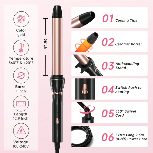 Miniatura 8 de Hahahope 1 Inch Ceramic Curling Wand for Loose Waves, Extra Long Barrel Hair Curler for Medium to Long Hair, 2 Adjustable Temperatures, Global