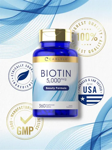 Miniatura 5 de Carlyle Biotin 5000mcg 360 tabletas vegetarianas Suplemento de fórmula de belleza para cabello, piel y uñas Sin OMG, sin gluten