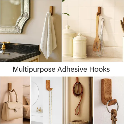 Miniatura 2 de Indian Shelf Ganchos decorativos de pared adhesivos de madera, ganchos bohemios sin daños para llaves, joyas, correas y accesorios ligeros, 6