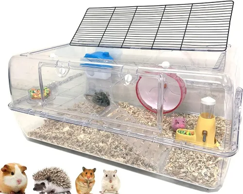 Miniatura 9 de Ratón de hámster acrílico transparente de 2 niveles de lujo, con rueda grande, botella de agua, torre, tazón de comida, esconder la casa, base