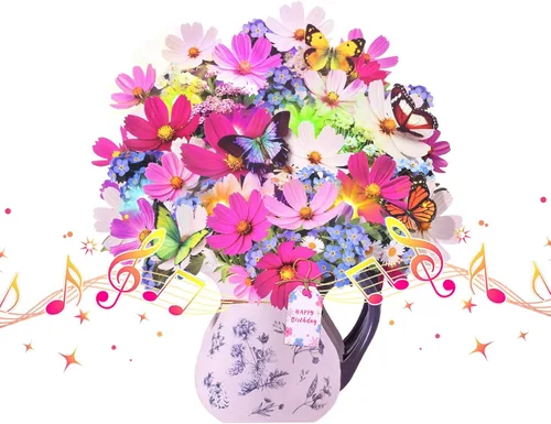 Tarjetas de cumpleaños CUISH, tarjeta de feliz cumpleaños con luz y música, Cosmos Margarita No me Olvides, tarjeta de regalo de ramo de flores 3D