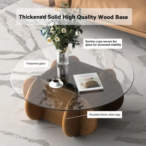 Miniatura 3 de Noguchi - Mesas de centro redondas transparentes de cristal con patas de madera maciza y mesa de vidrio templado para sala de estar, hogar, espacio