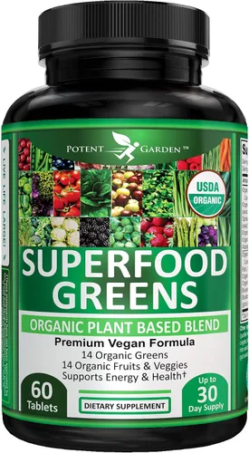 Potent Garden Suplemento orgánico de superalimentos, frutas y verduras rico en vitaminas y antioxidantes con alfalfa, raíz de remolacha y cereza