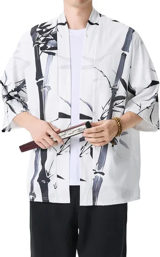 Miniatura 6 de PRIJOUHE Chaqueta Kimono Ligera para Hombre de Manga Tres Cuartos con Frente Abierto Cárdigan Estilo Japonés