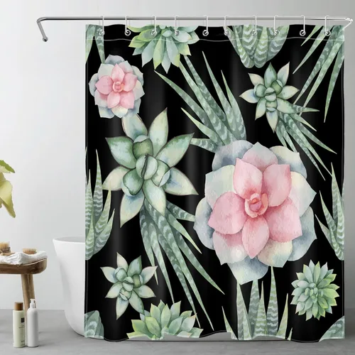 Miniatura 19 de Juego de cortinas de ducha de flamenco rosa, hoja verde salvia con hongo rojo, cortina de ducha para baño, cortina de ducha tropical de hoja