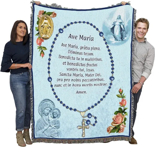 Pure Country Weavers Manta de oración con rosario de Ave María latina, regalo religioso católico, manta tejida de algodón, fabricada en los Estados