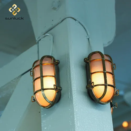 Miniatura 2 de Sunluck Luz de mamparo de latón, lámpara de pared náutica ovalada de rejilla, pantalla, iluminación de montaje en techo, luz de sauna impermeable