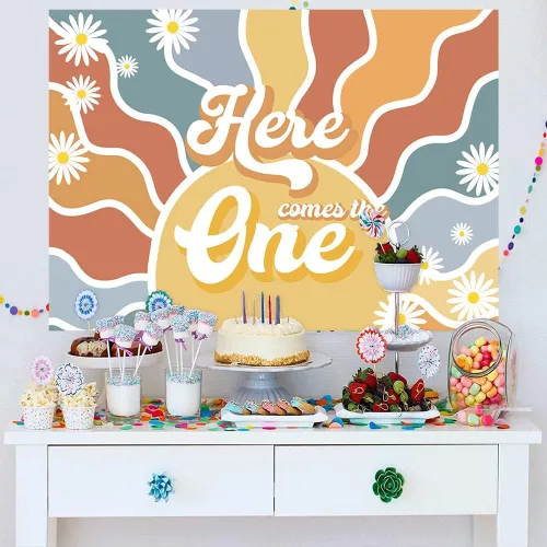 Miniatura 3 de Mocsicka Fondo de sol para primer cumpleaños con texto en inglés "Here Comes The One", retro, bohemio, decoración de fiesta de primer cumpleaños