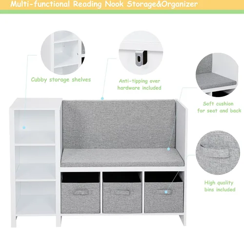 Miniatura 6 de UTEX Banco de lectura para niños con estantería, estantería para niños y organizador de almacenamiento con cojín de asiento, banco de lectura