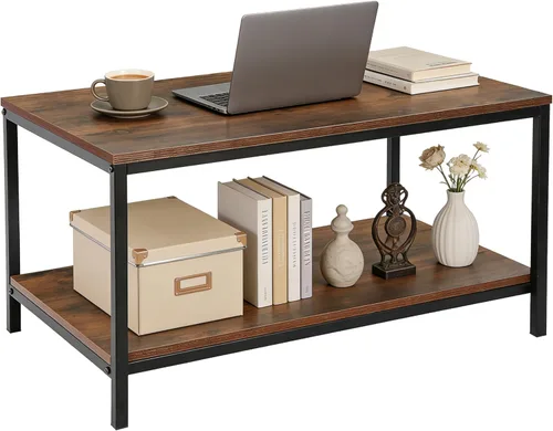 Miniatura 7 de SUPER DEAL Mesa de café industrial de 2 niveles con estante de almacenamiento para apartamento pequeño, sala de estar, mesa auxiliar rectangular