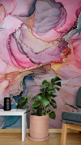 Mural de pared abstracto con diseño de tinta de alcohol. Diseño de ágata (patrón de color rosa, azul y dorado) Papel tapiz removible para despegar y