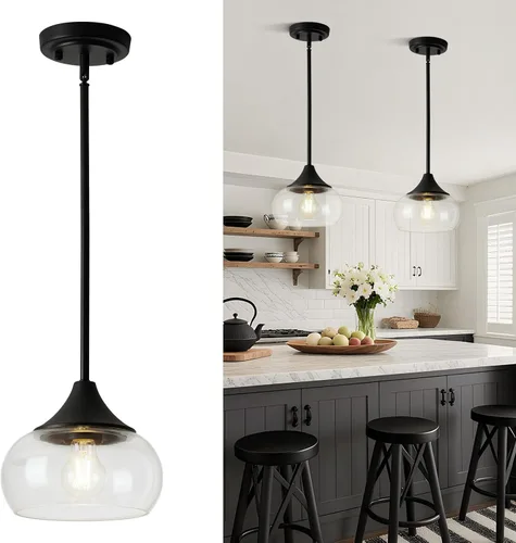 Lámparas colgantes modernas para isla de cocina, lámparas colgantes negras con pantalla de vidrio transparente de 8.5 pulgadas, lámparas colgantes
