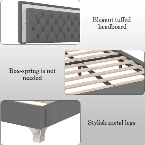 Miniatura 5 de Merax Cama de plataforma tapizada, tamaño Queen, tela de terciopelo LED, marco de cama de madera con luces LED y cabecera copetuda para dormitorio
