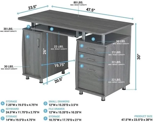 Miniatura 3 de Pemberly Row Escritorio para computadora de oficina en casa de 48 pulgadas de ancho en color gris con gabinete de almacenamiento de CPU y archivador