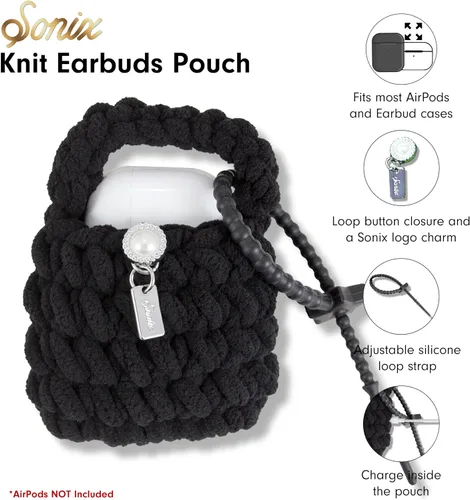 Miniatura 3 de Sonix Bolsa de punto para auriculares Llavero de ganchillo Estuche de almacenamiento para AirPods con accesorio de silicona extraíble Negro