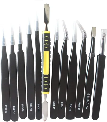 Miniatura 2 de Juego de pinzas de precisión, 12 piezas antiestáticas de acero inoxidable ESD para reparación de electrónica, soldadura, manualidades, joyería