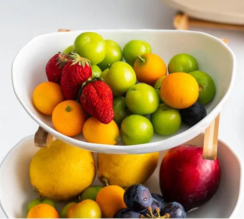 Miniatura 6 de jessie Cesta de frutas de 3 niveles, soporte de cerámica de gran capacidad, bandeja de bambú para servir frutas, aperitivos, nueces, pan, dulces
