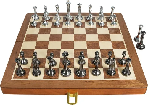 Miniatura 8 de ELONGDI Juego de ajedrez de metal para adultos y niños, tablero de ajedrez plegable de madera de 12 pulgadas y piezas de metal, juego de ajedrez