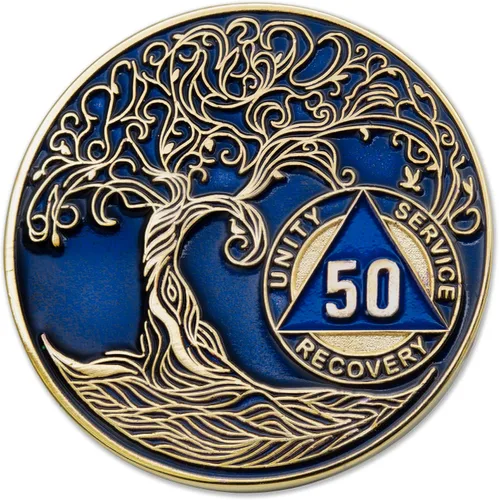 Miniatura 61 de 20 Year Sobriety Mint Twisted Tree of Life - Medallón de recuperación AA chapado en oro, fichas y fichas, color negro