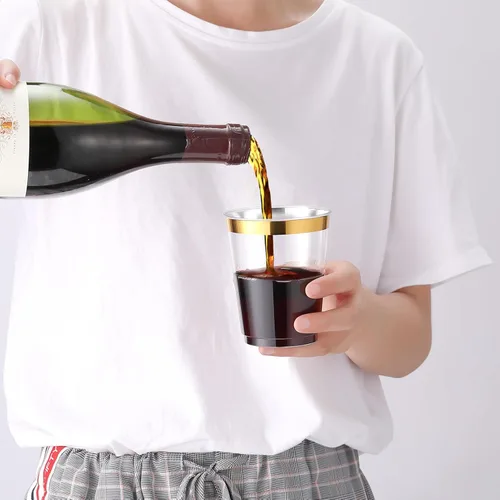 Miniatura 6 de JOLLY CHEF Paquete de 100 vasos de plástico dorado de 10 onzas, vasos de plástico transparente elegantes con borde dorado desechables, perfectos